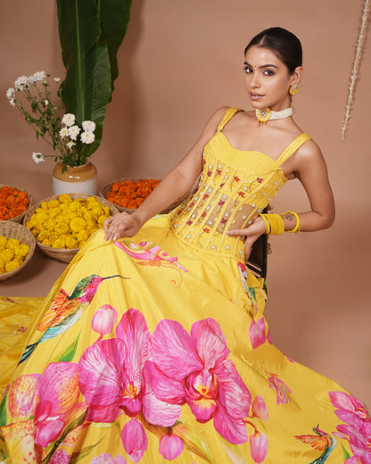 Mustard Floral Printed Corset Heavy Lehenga Set (Set of 3)