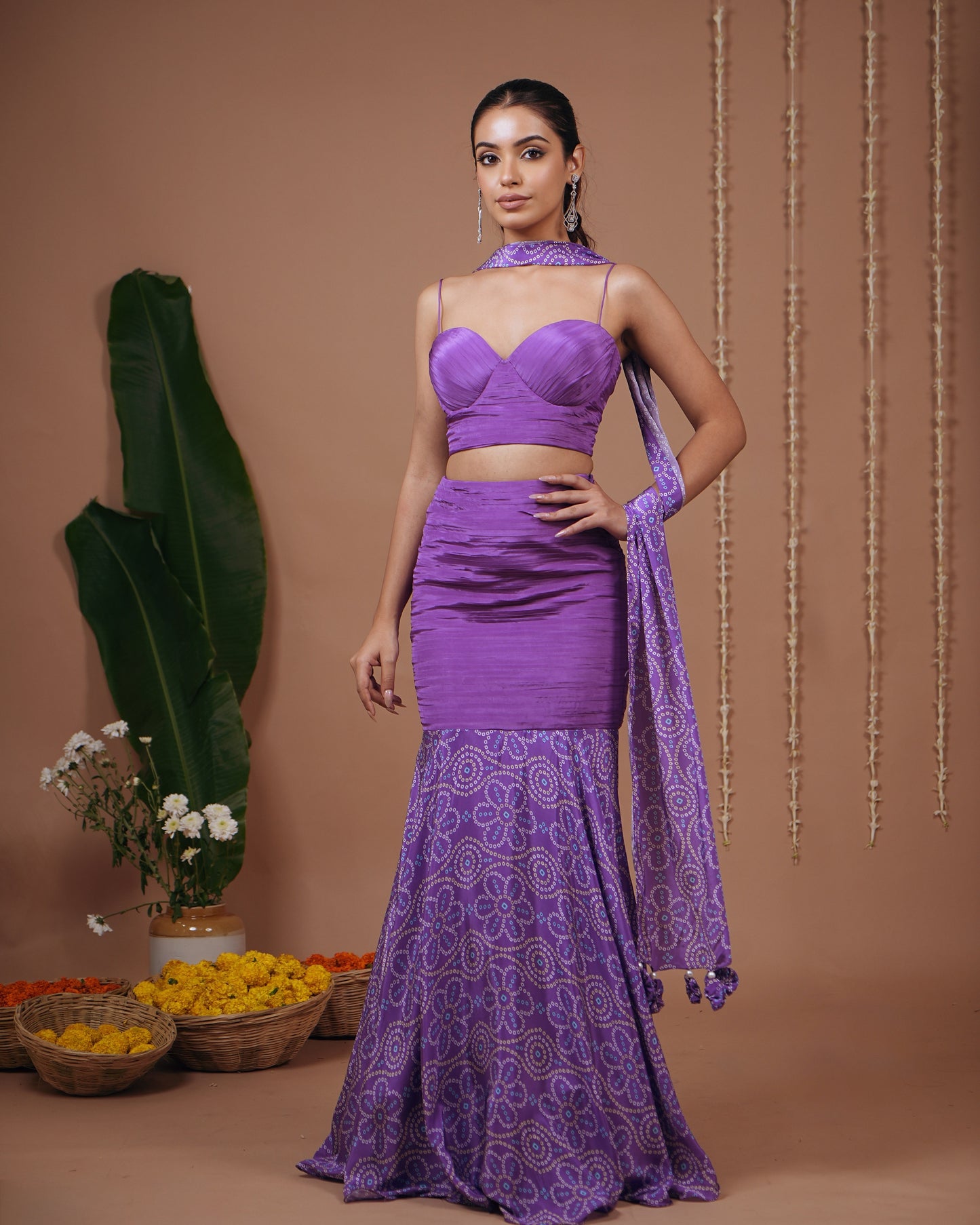 Purple Bandhani Corset Indo Skirt Set (Set of 3)