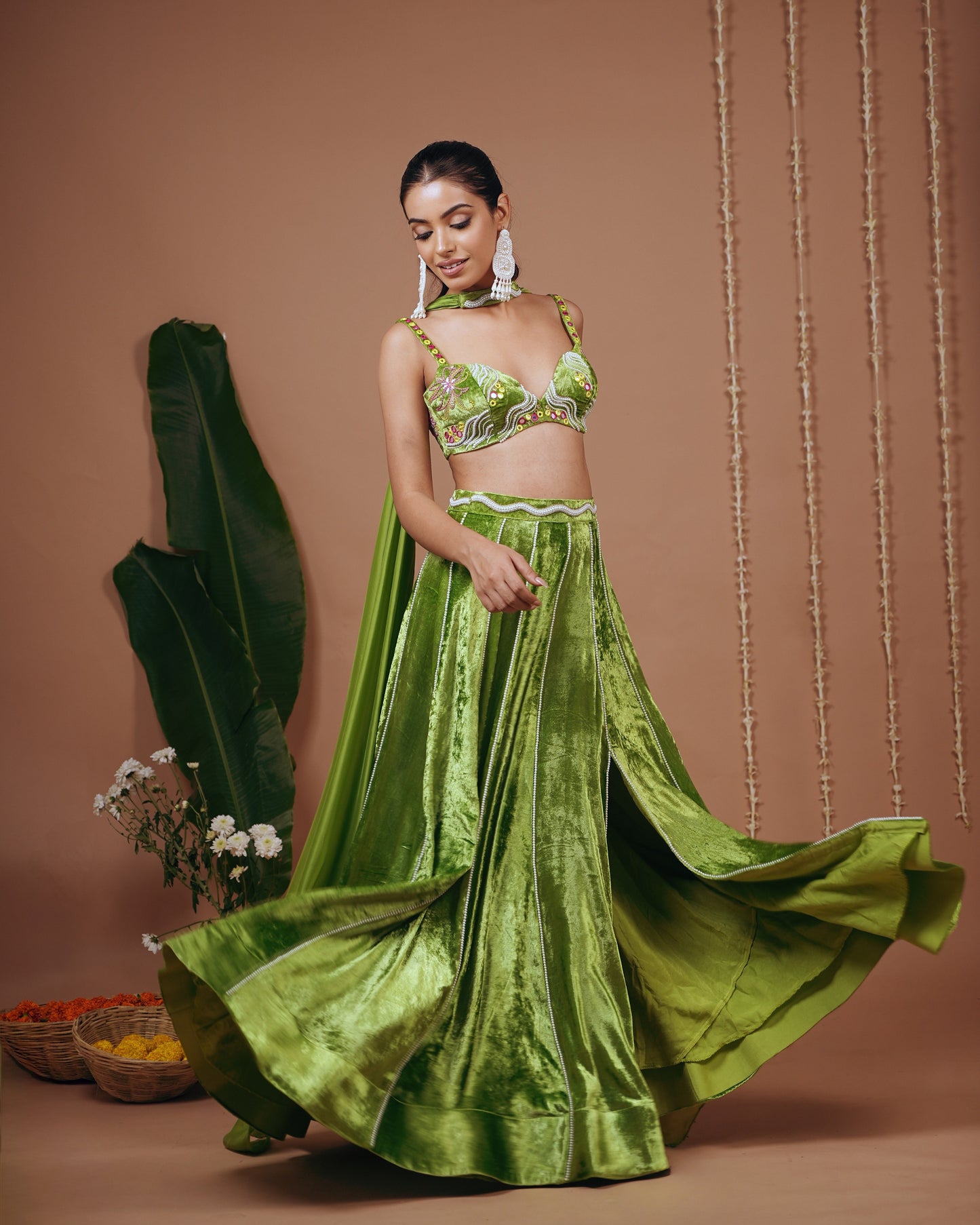 Bright Green Velvet Indo Lehenga Set (Set of 3)