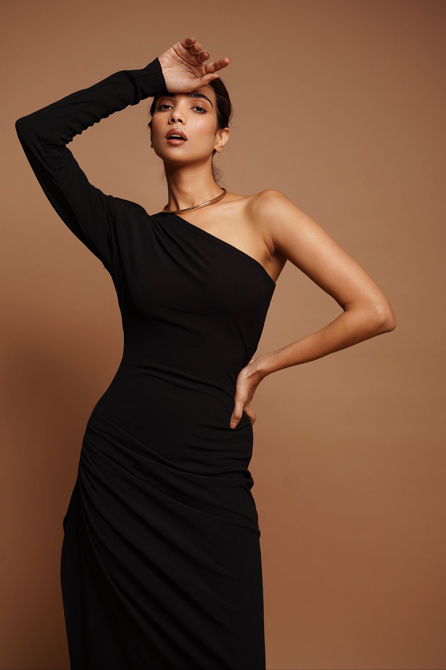 Black One Shoulder Ribbed Dress