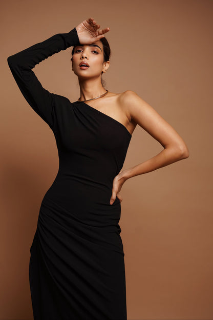 Black One Shoulder Ribbed Dress