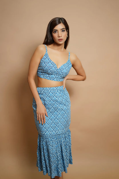 Blue block print fitted skirt co-ord