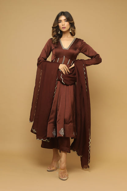 Brown Anarkali Satin Suit  Set (Set Of 3)