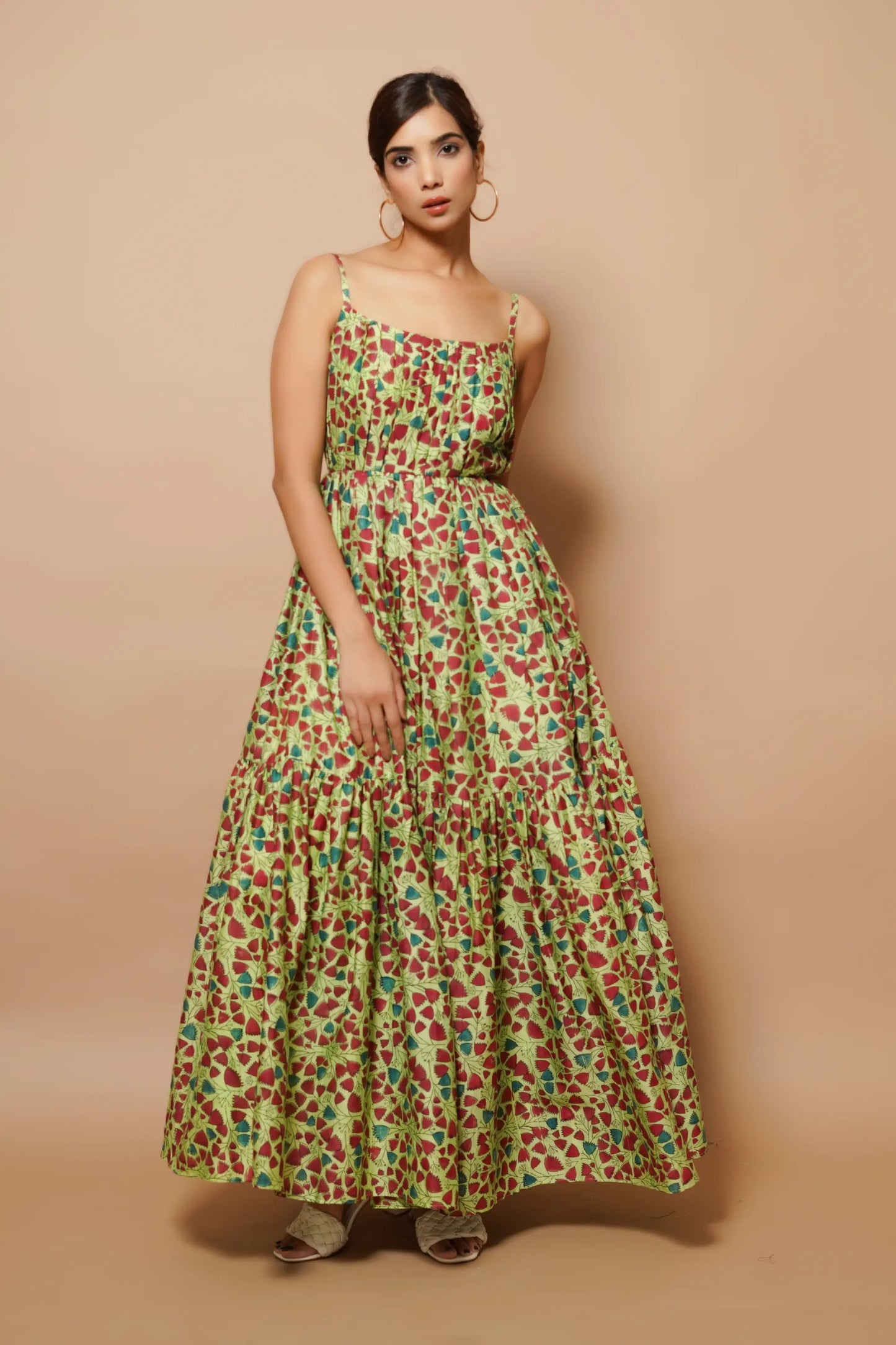 Green Block Printed Chanderi Maxi