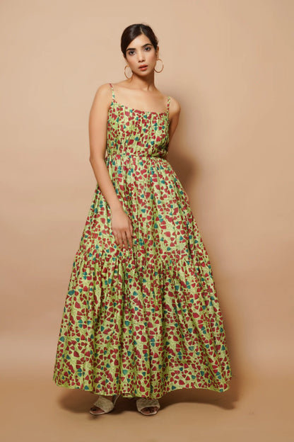 Green Block Printed Chanderi Maxi