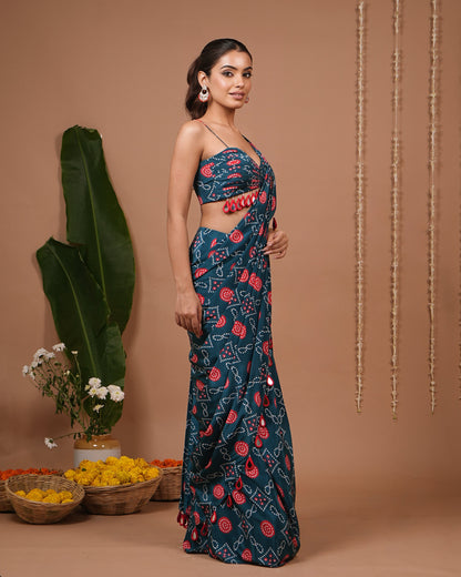 Teal Blue-Red Bandhej Printed Drape Saree (Set of 2)