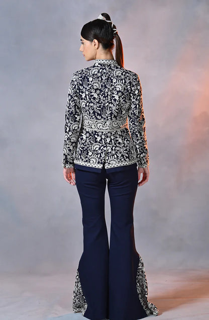 Blue Embroidered Peplum Jacket & Pant Set