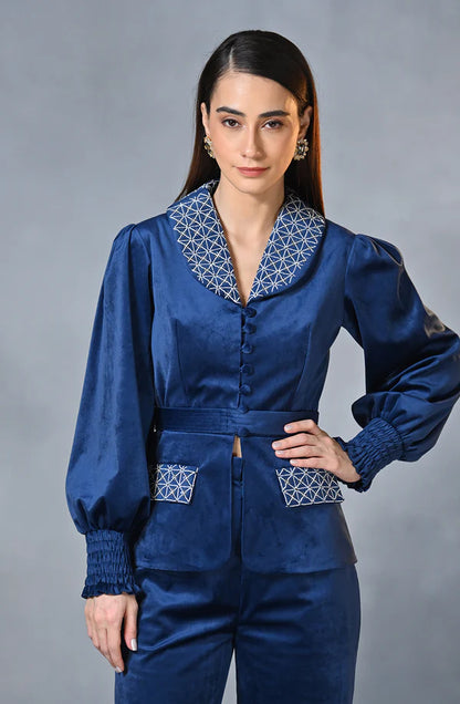 Sapphire Blue Velvet Embroidered Blazer Set