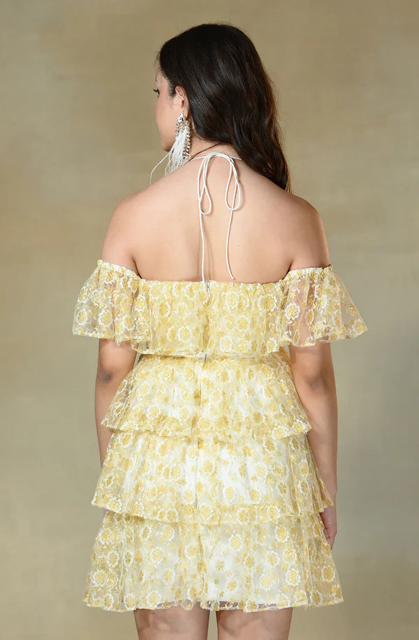 White & Golden Chantilly Lace Dress