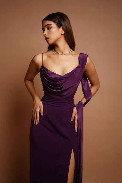 Wine Drape Cowl Long Dress