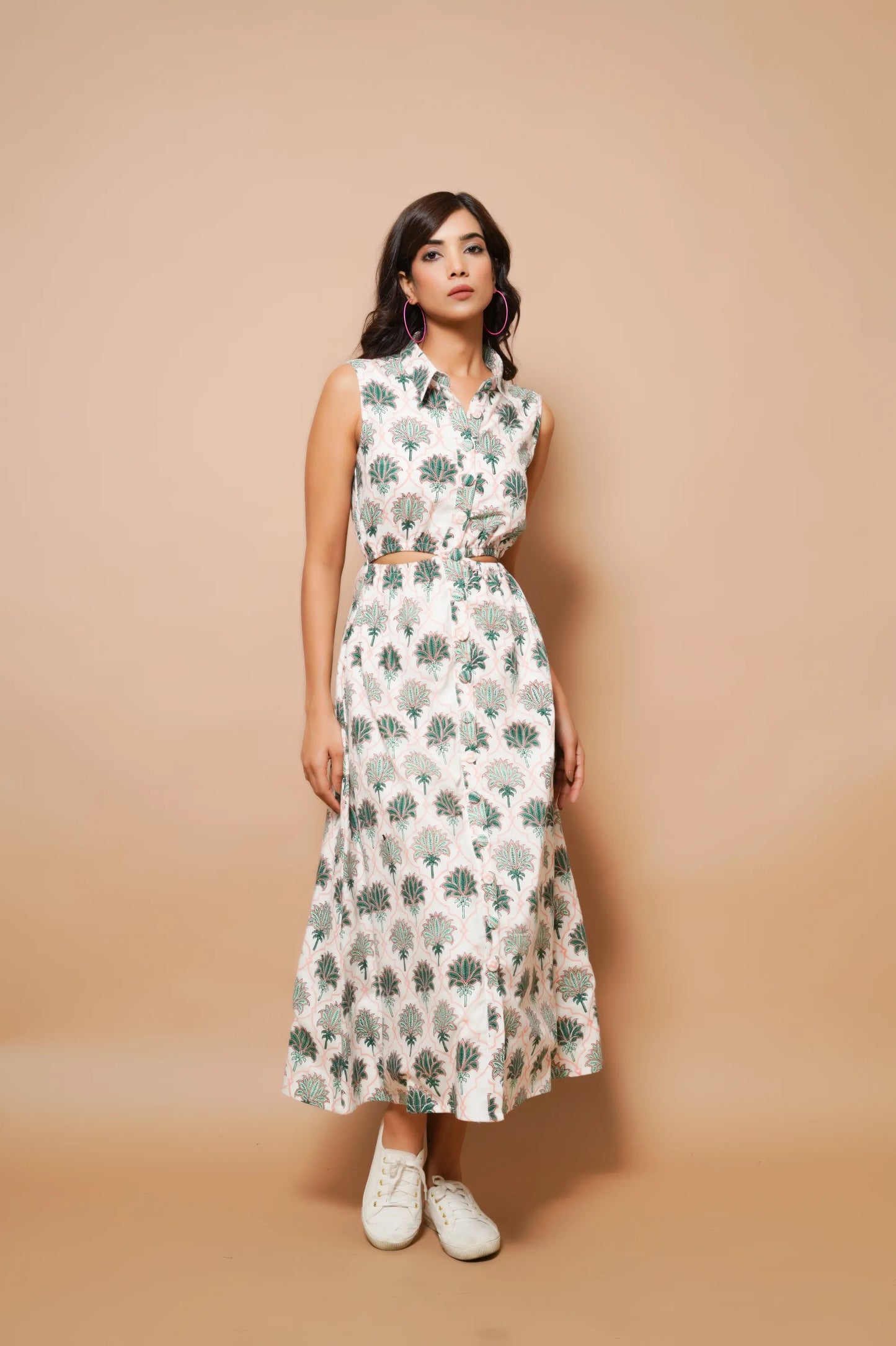 White cotton printed midi