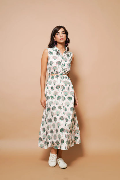 White cotton printed midi