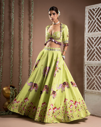Elephant Print Green And Purple Heavy Lehenga Set (Set of 3)