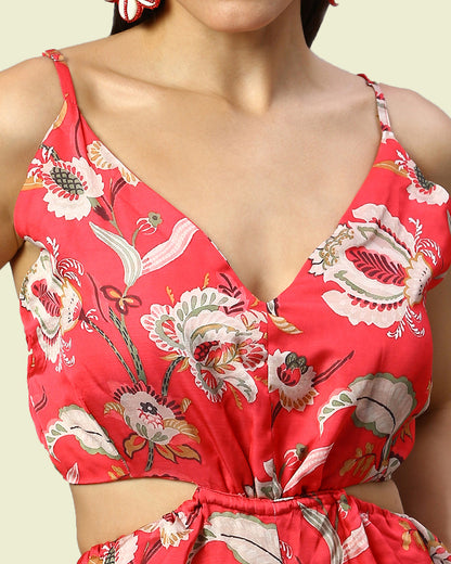 Linen Red Floral Cut-out Jumpsuit