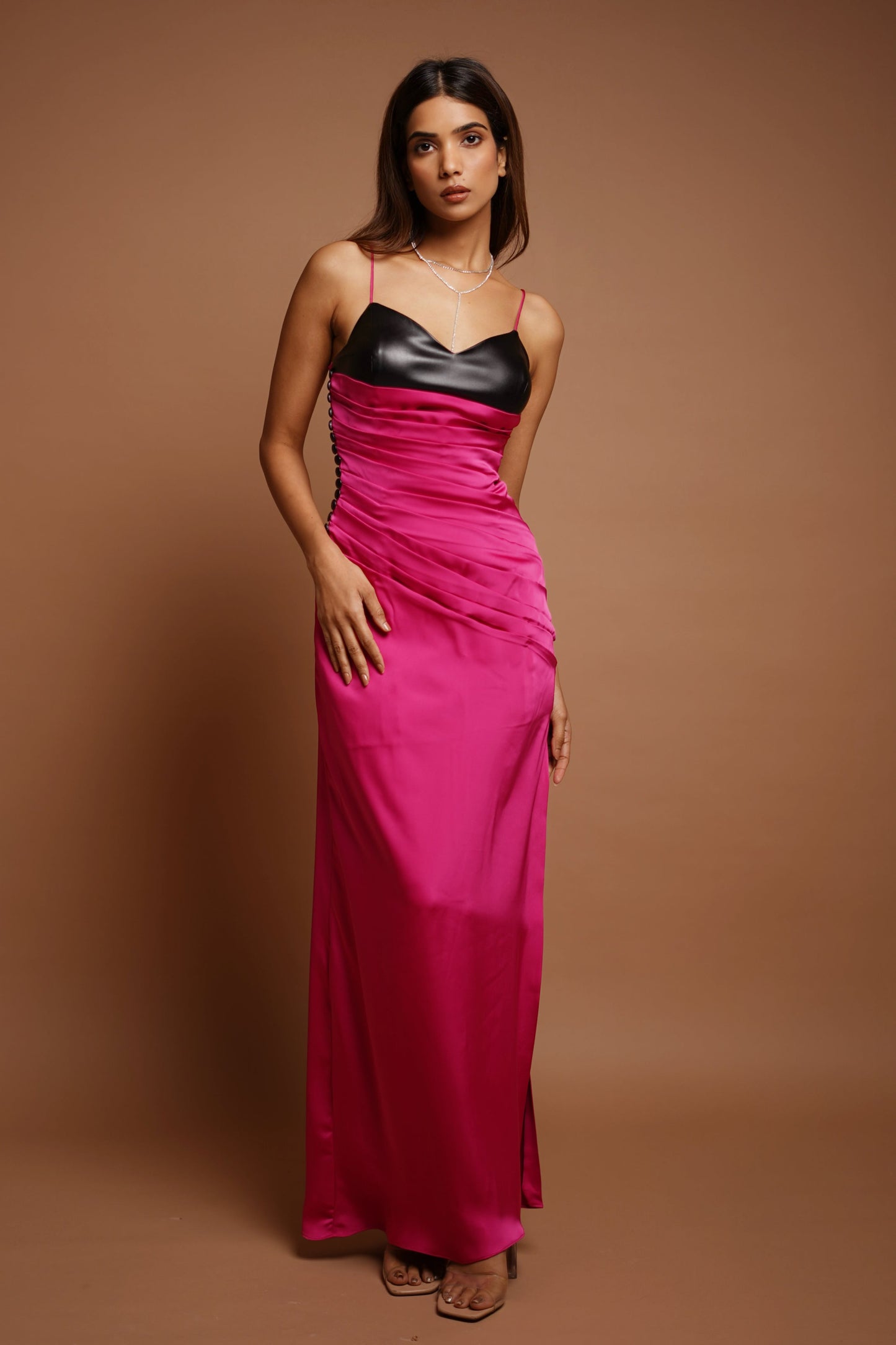 Pink Leather Drape Long Dress