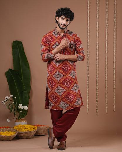 Red-Maroon Bandhani Kurta + Salwar Set (Set of 2)