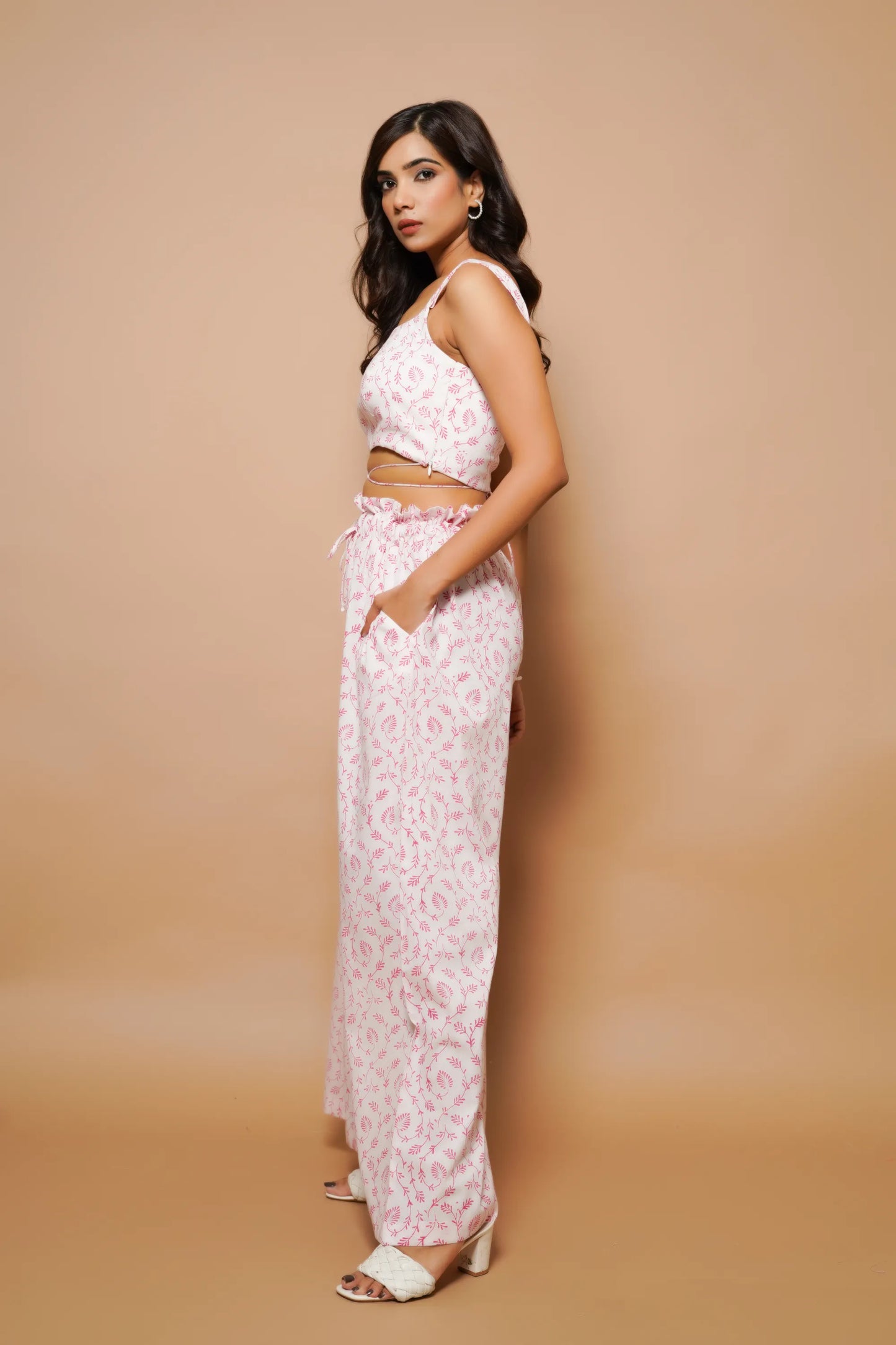 White and pink block printed cotton co-ord