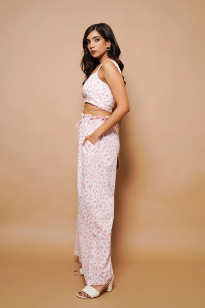 White and pink block printed cotton co-ord