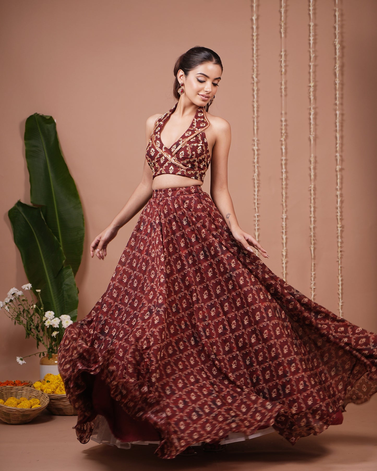 Maroon Halter Laple Neck Indo Lehenga Set (Set of 2)