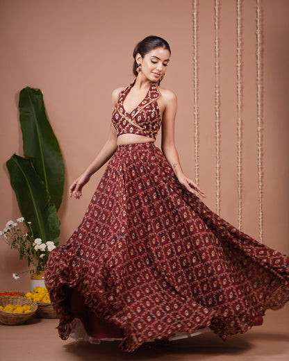 Maroon Halter Laple Neck Indo Lehenga Set (Set of 2)