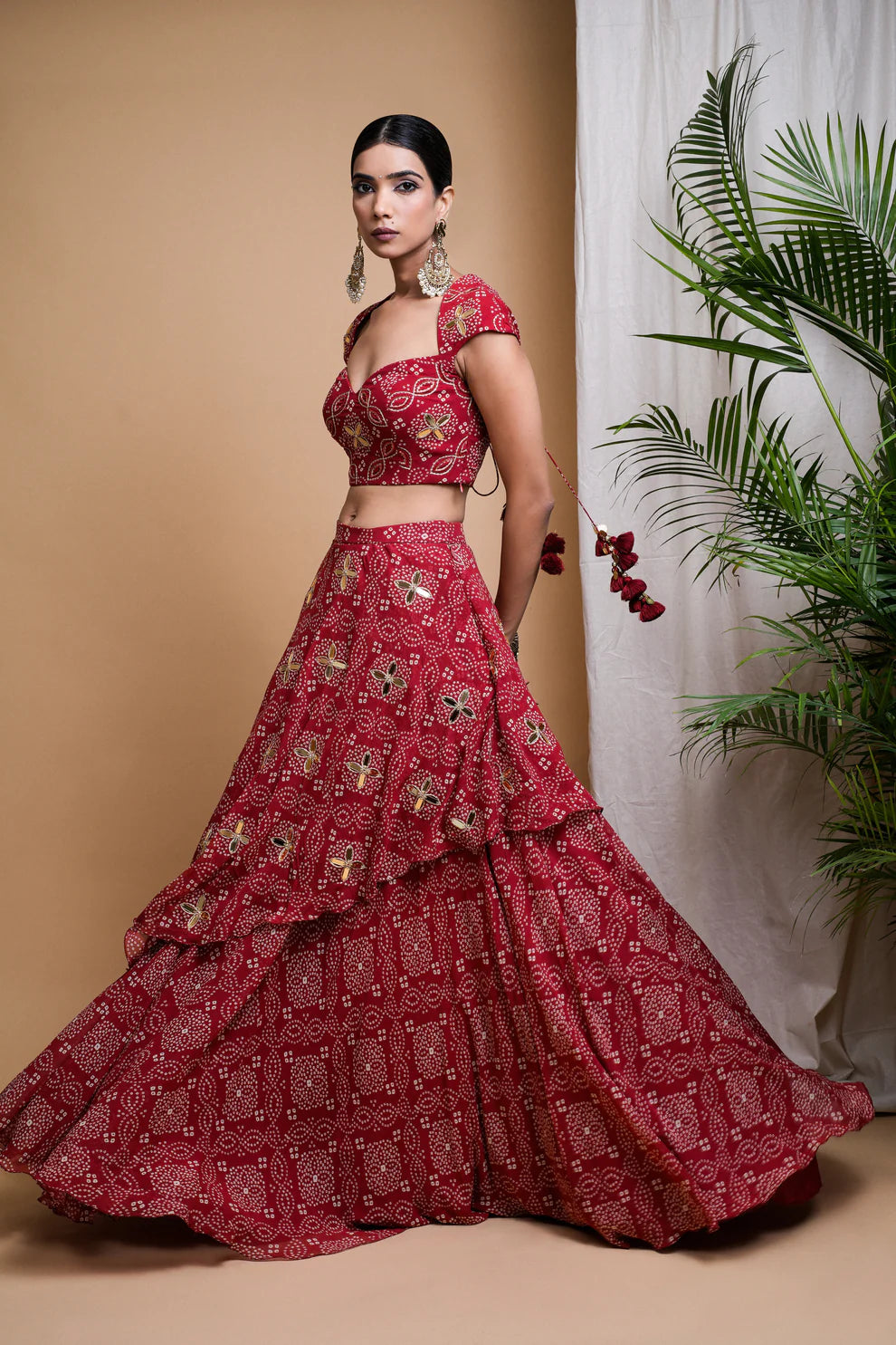 RED BANDHANI DIGITAL PRINT INDO LEHENGA SET (SET OF 2)