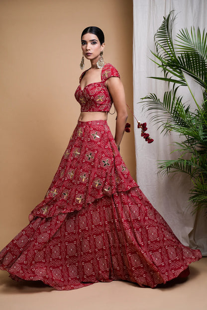 RED BANDHANI DIGITAL PRINT INDO LEHENGA SET (SET OF 2)