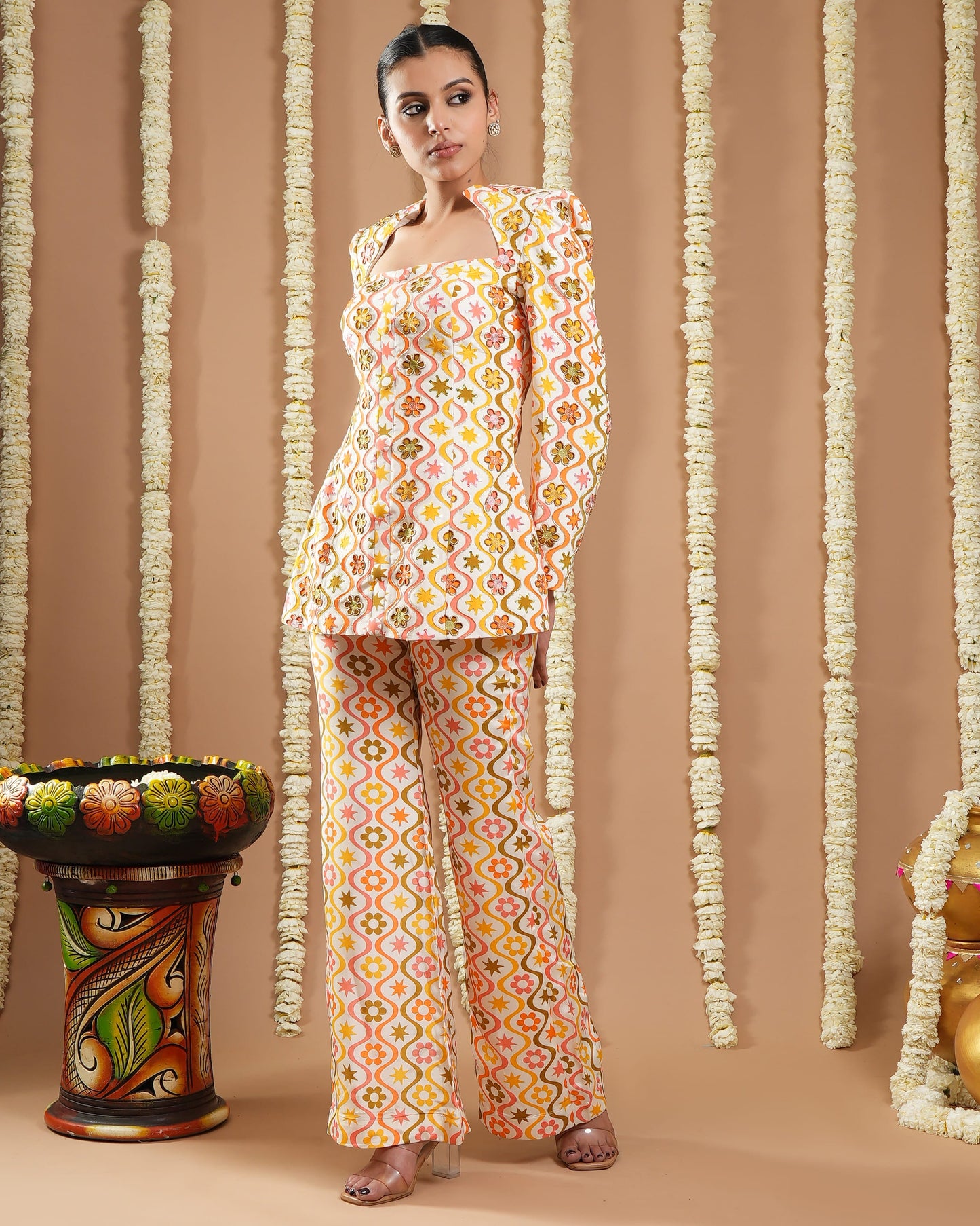 Off White Multicolor Printed Coat & Pant Set (Set Of 2)