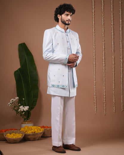 Sky Blue Open Jacket + Jodhpuri Indo Set (Set of 3)