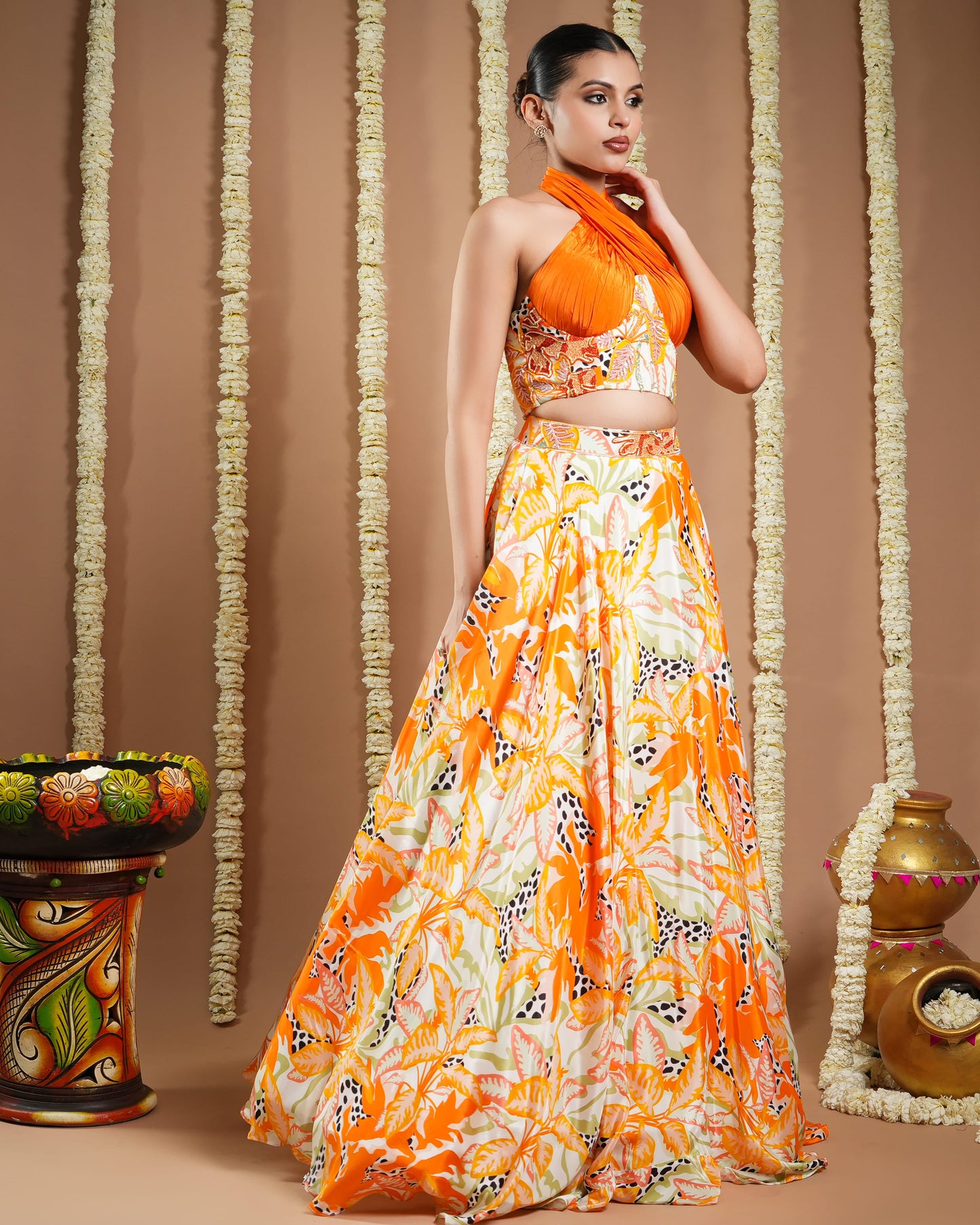 Forest Orange  Printed Corset Drape Indo Lehenga Set (Set Of 2)