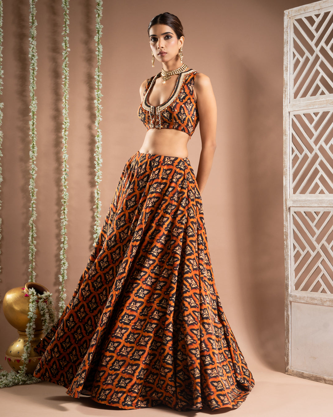 Black Rust Printed Lehenga Set (Set of 3)