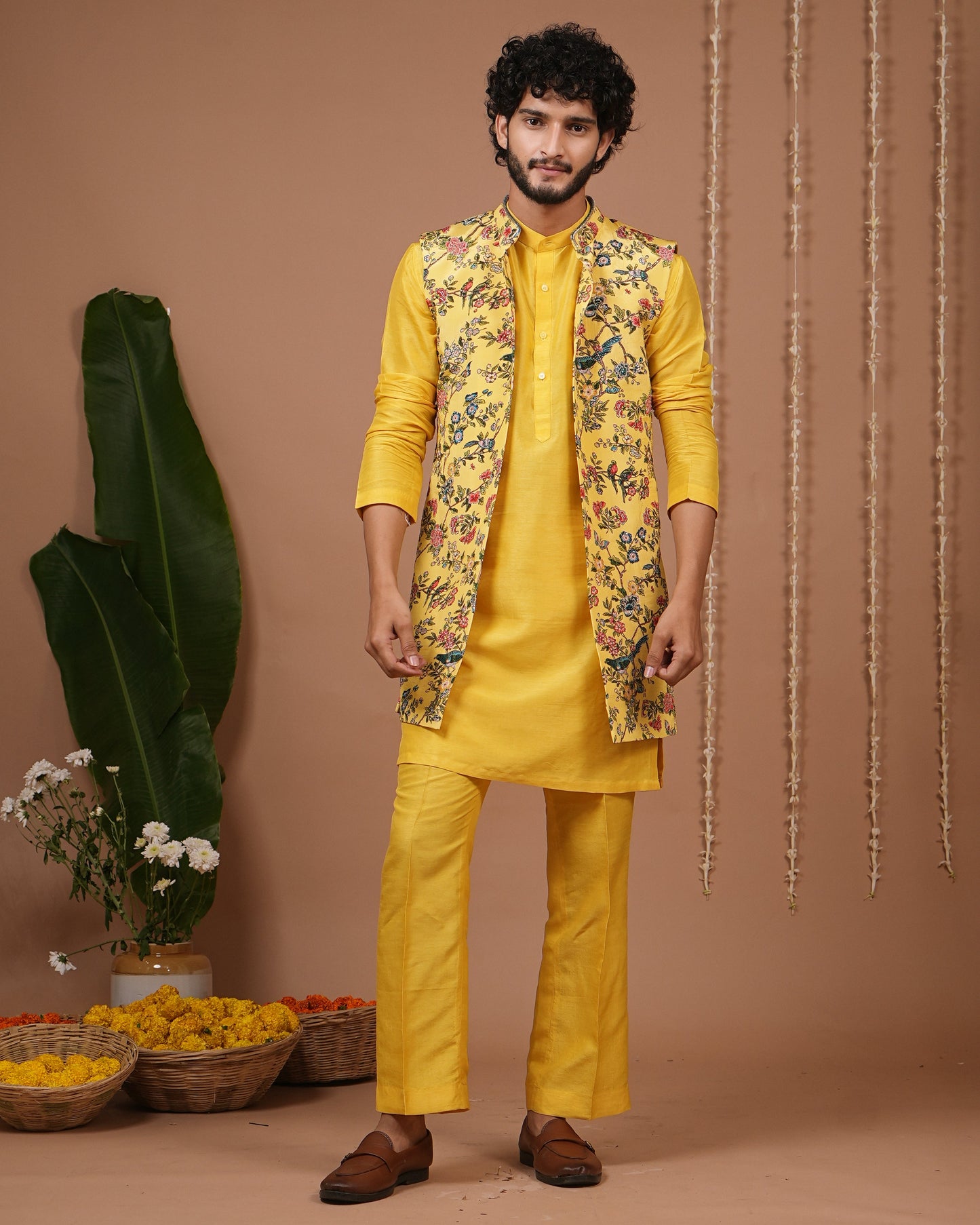 Yellow Printed Open Jacket+Kurta Pyjama Set (Set of 3)