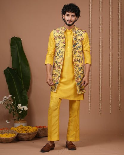 Yellow Printed Open Jacket+Kurta Pyjama Set (Set of 3)