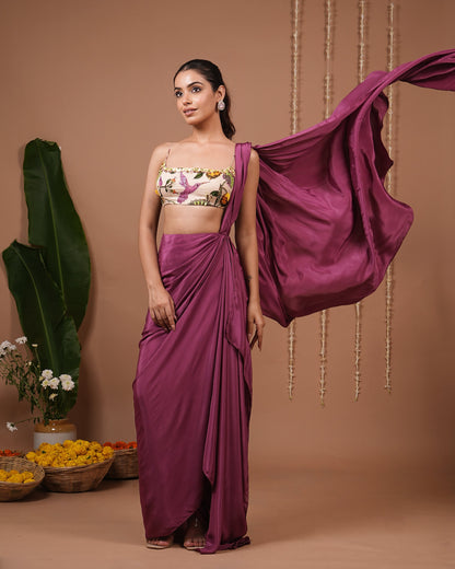 Cream Lemon Print Indo Pre Drape Saree Set (Set of 2)