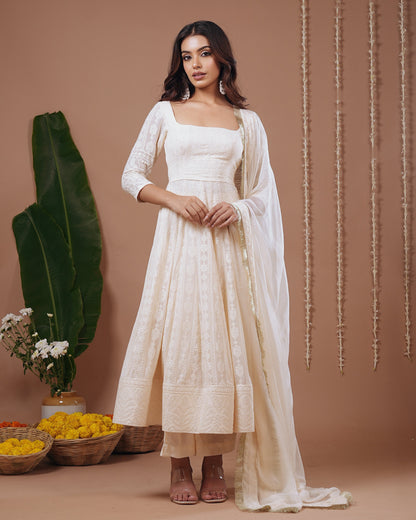  Ivory Chikankari Anarkali Suit Set (Set of 3)
