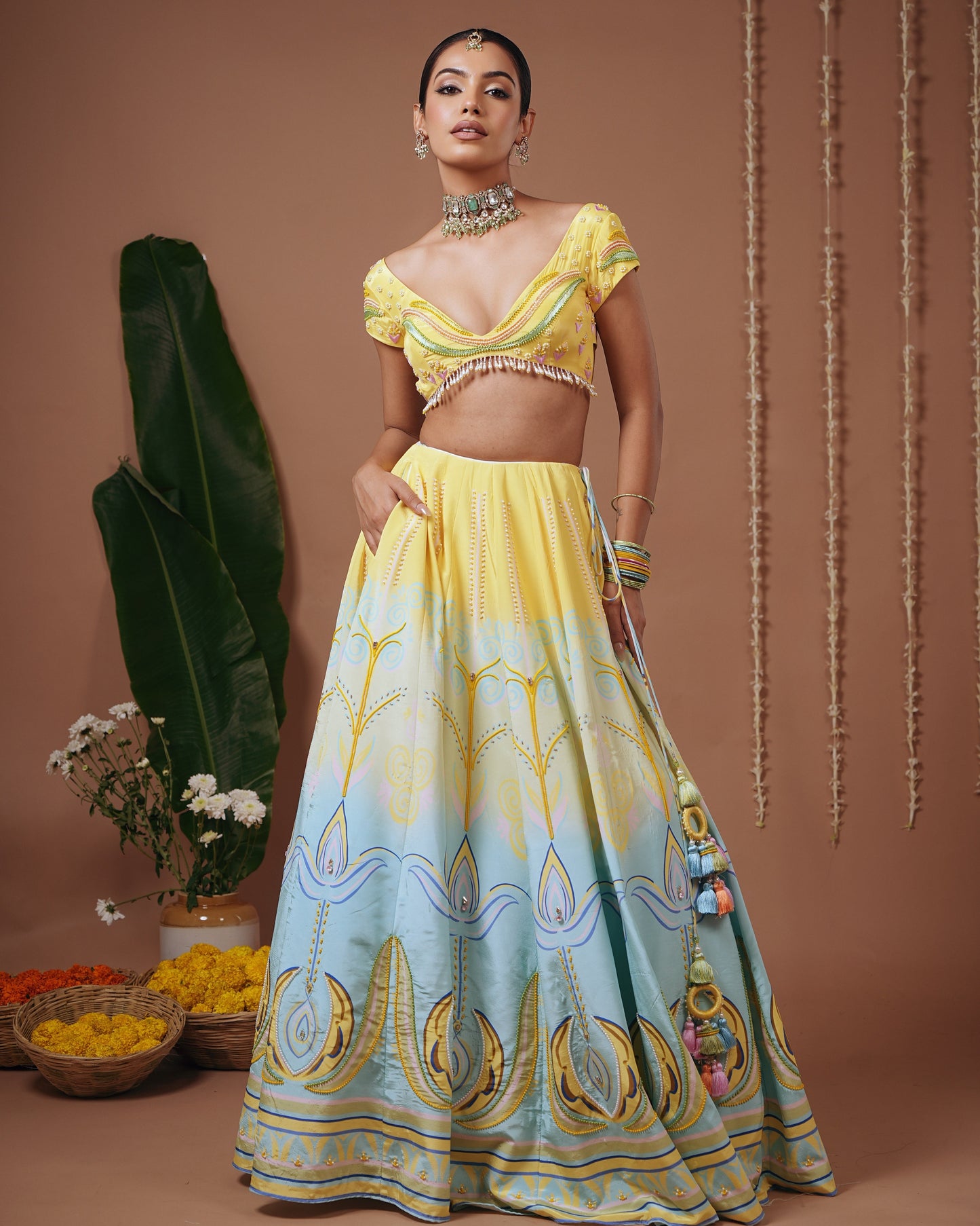 Yellow-Firozi Heavy Printed Lehenga Set (Set of 3)