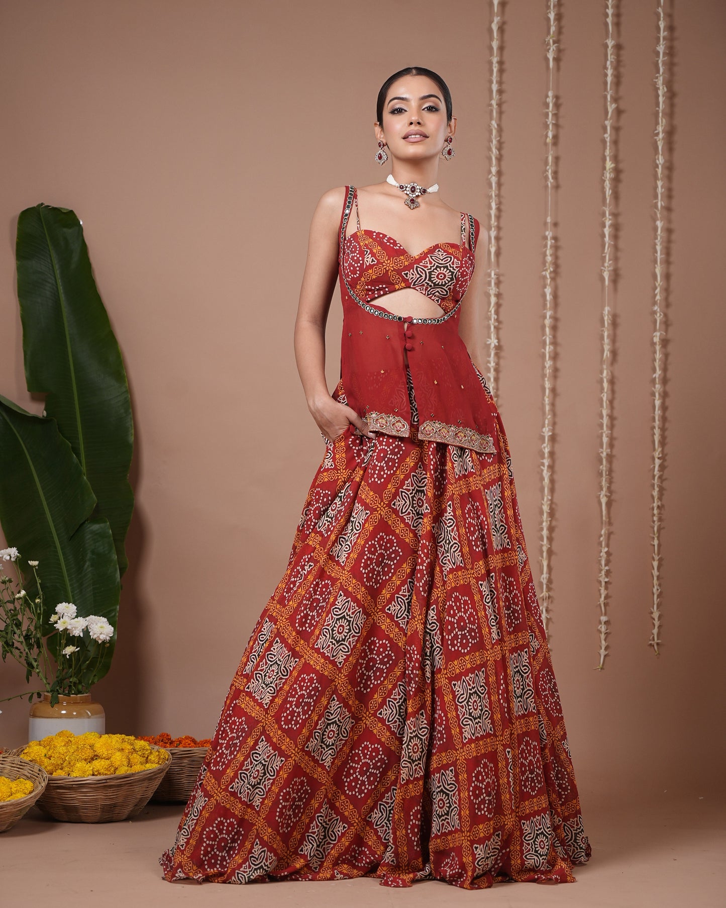 Red Bandhani Printed Lehenga Set (Set of 3)