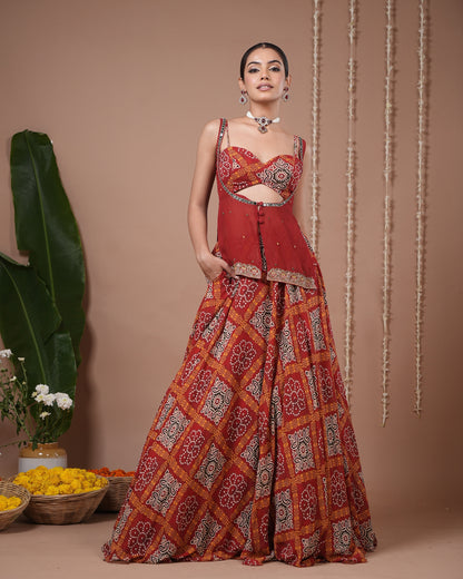 Red Bandhani Printed Lehenga Set (Set of 3)