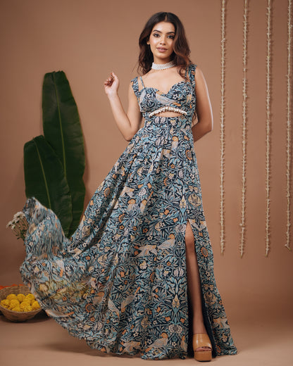 Navy Blue Digital Print Indo Dress (Set Of 2)