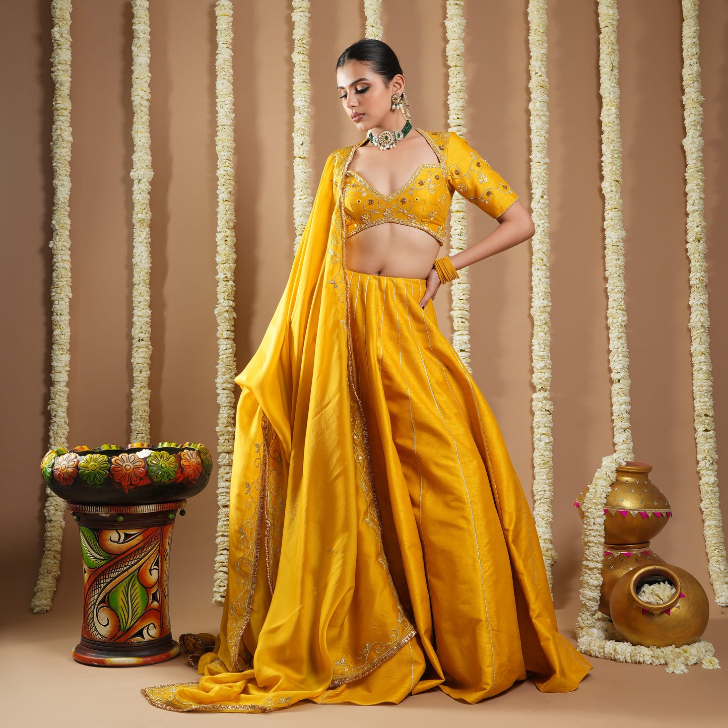 Mustard Yellow Heavy Slub Silk Lehenga Set (Set Of 3)