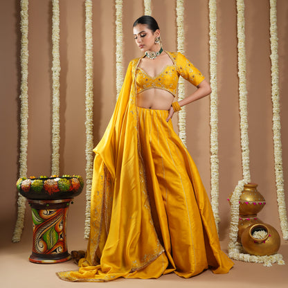 Mustard Yellow Heavy Slub Silk Lehenga Set (Set Of 3)