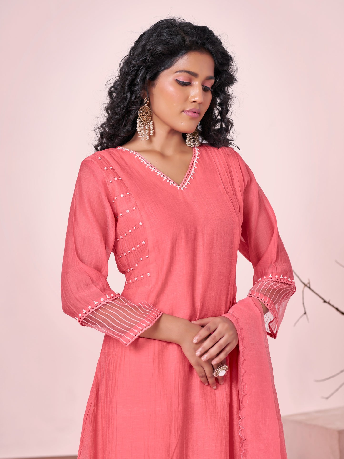 Coral Blush Pure Silk Mul 3-Piece Kurti Set