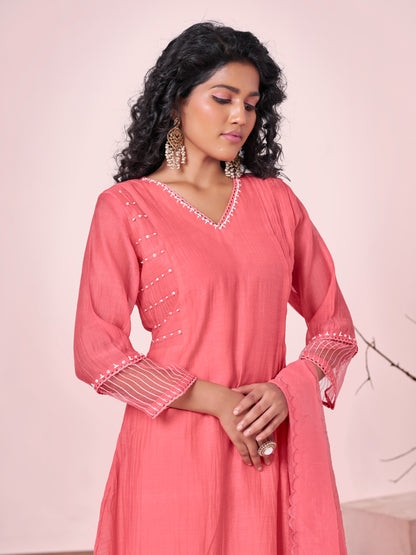 Coral Blush Pure Silk Mul 3-Piece Kurti Set