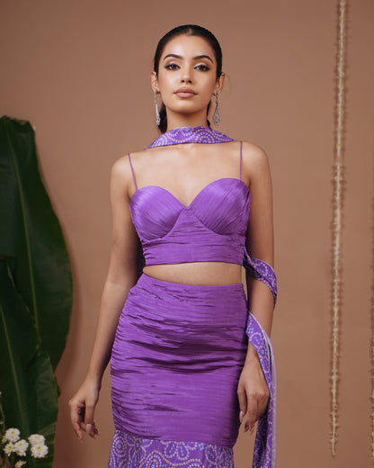 Purple Bandhani Corset Indo Skirt Set (Set of 3)