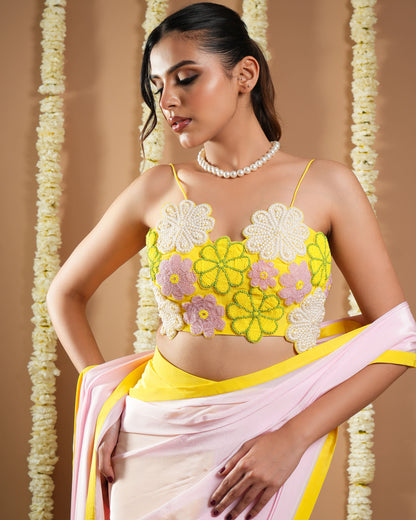 Yellow / Pink Flower Applique Pre Draped Saree (Set Of 2)