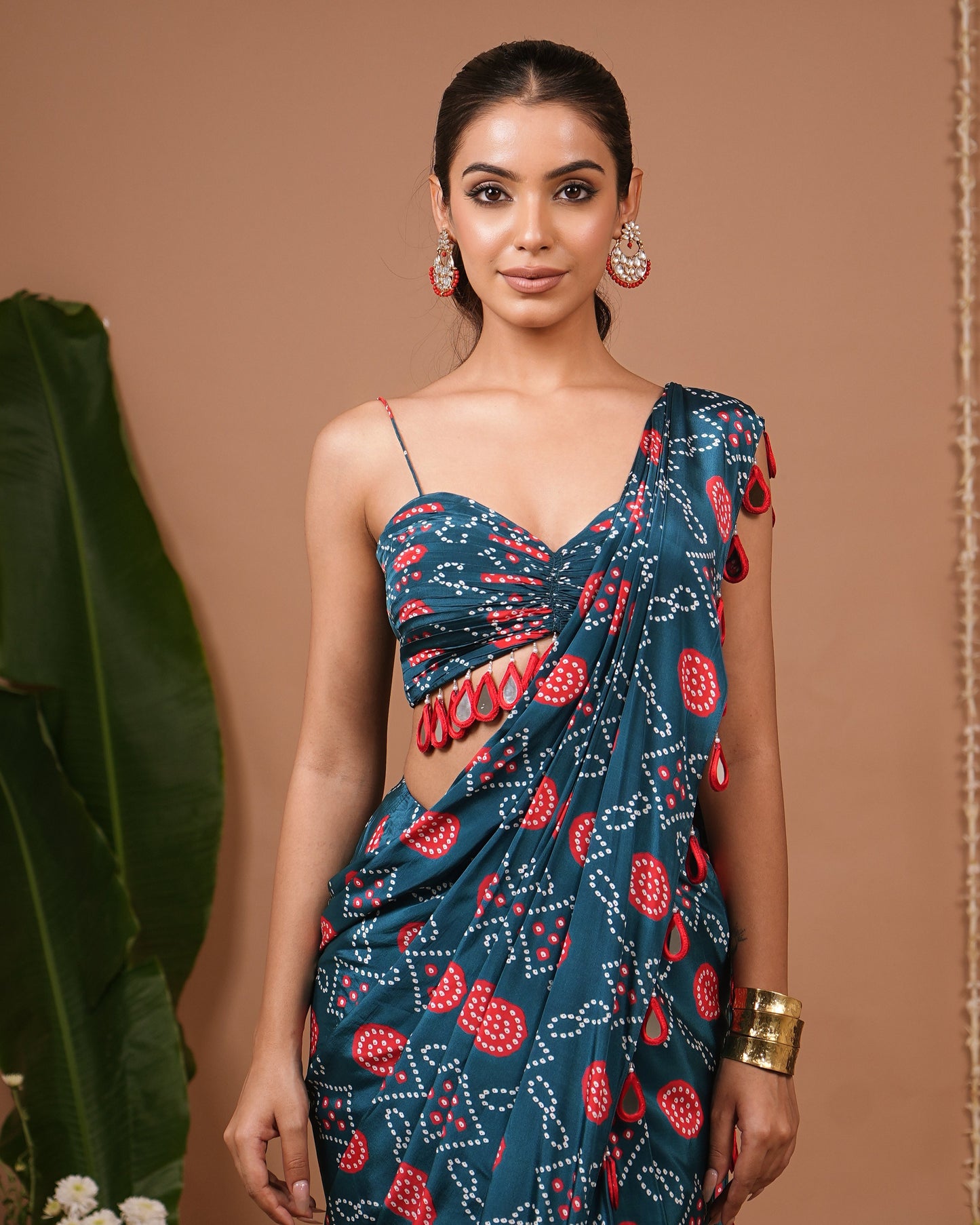 Teal Blue-Red Bandhej Printed Drape Saree (Set of 2)