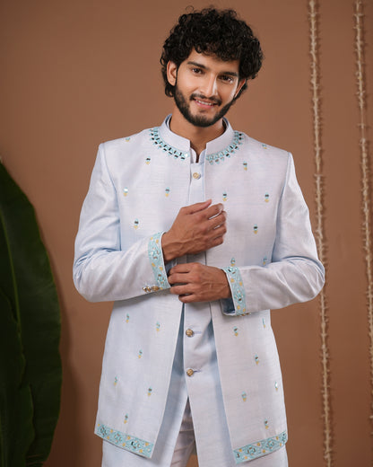 Sky Blue Open Jacket + Jodhpuri Indo Set (Set of 3)
