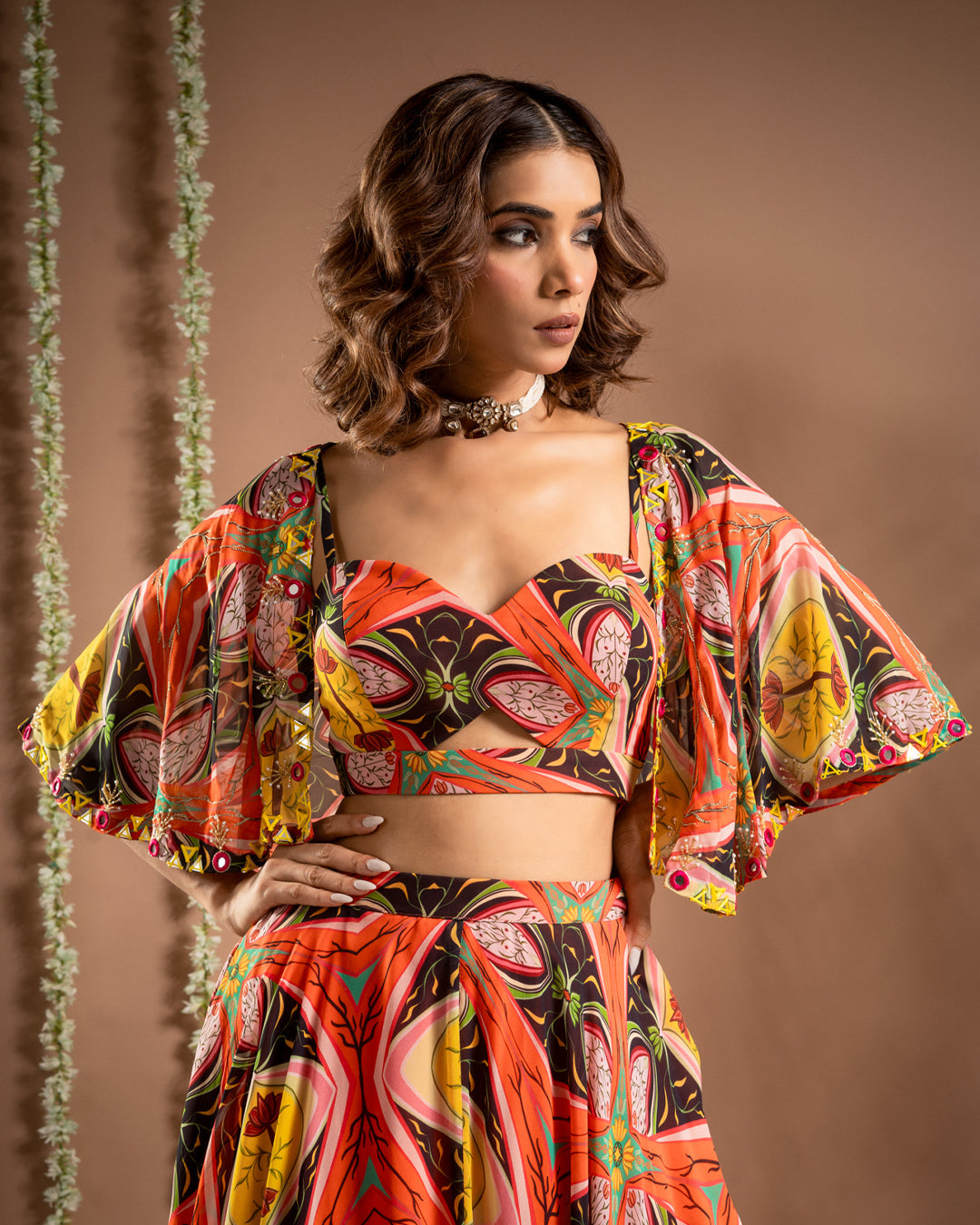 Abstract Print Cape Lehenga Set (Set of 3)