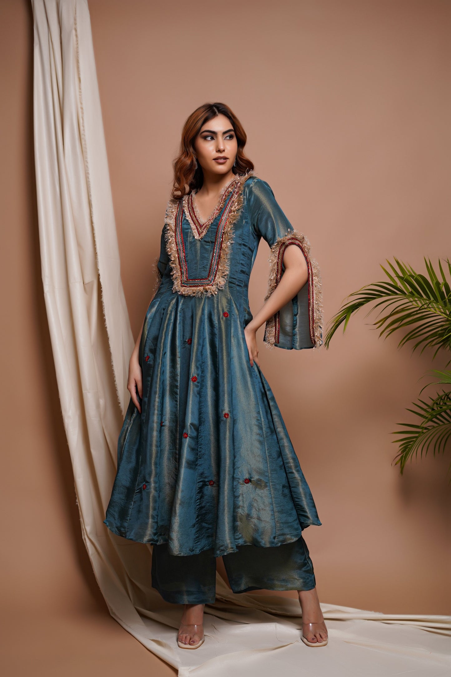 BLUE RED TISSUE SILK ANARKALI SUIT SET  (SET OF 3)