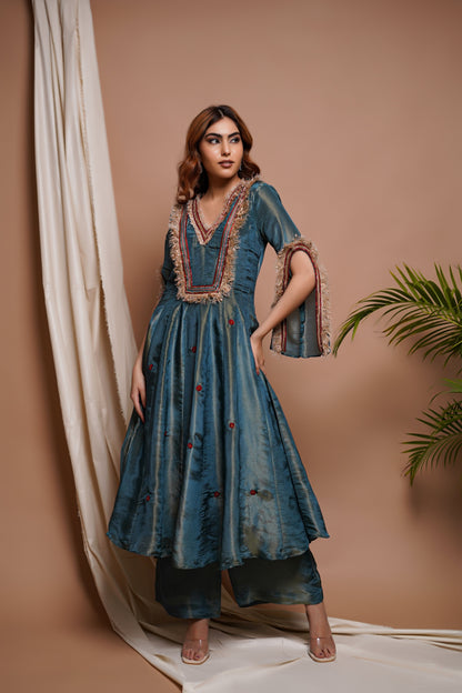 BLUE RED TISSUE SILK ANARKALI SUIT SET  (SET OF 3)