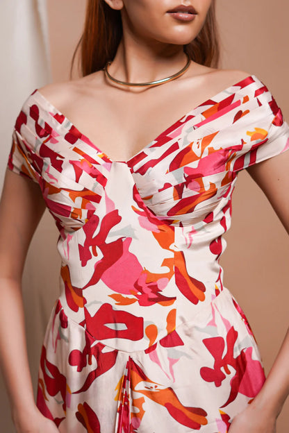 CREAM ABSTRACT OFF SHOULDER CORSET DRAPE DRESS